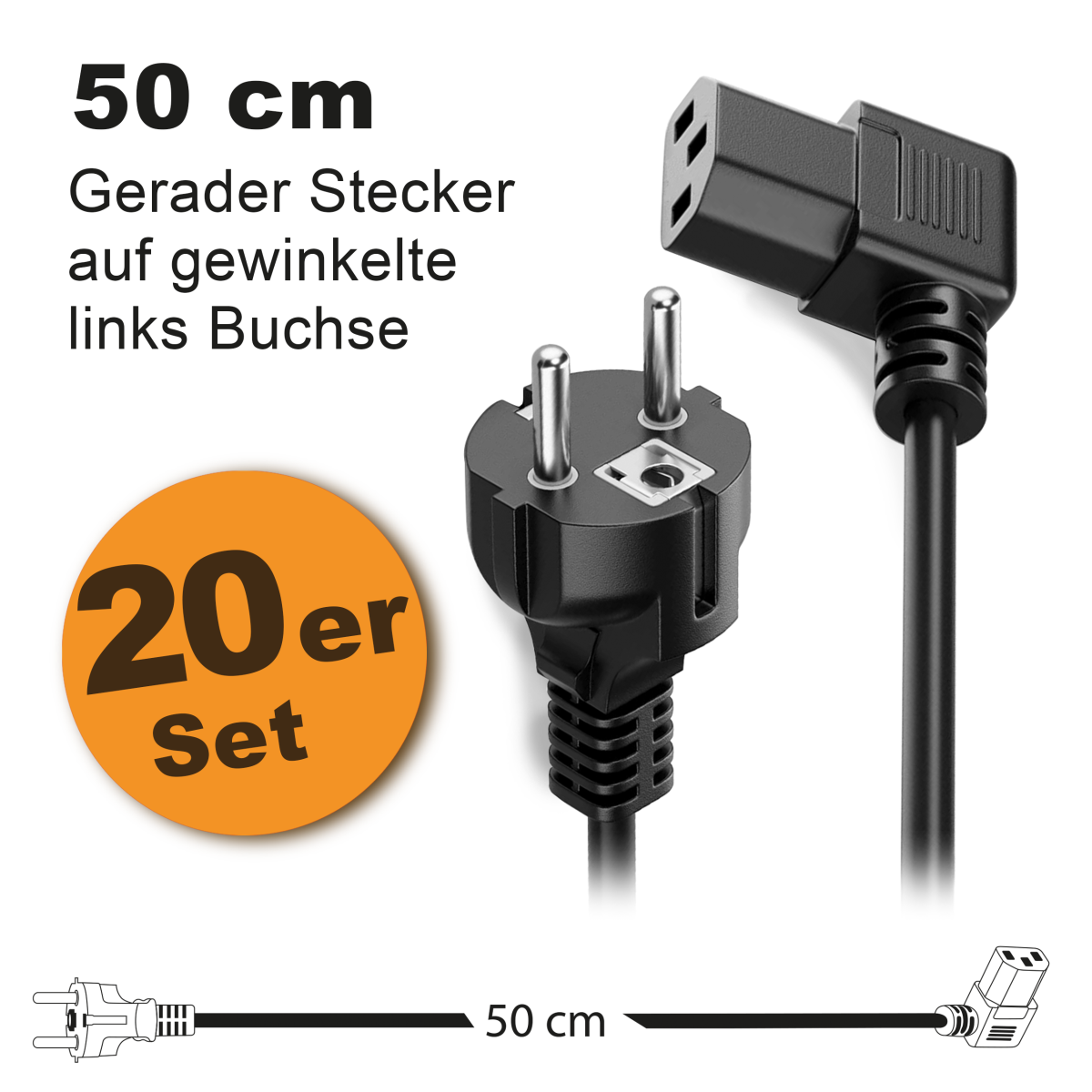 Toshino Netzkabel, KaltgerĂ¤tekabel, Computerkabel, Druckerkabel kurz 50 cm - Gerade-Winkel Links - 20er Set