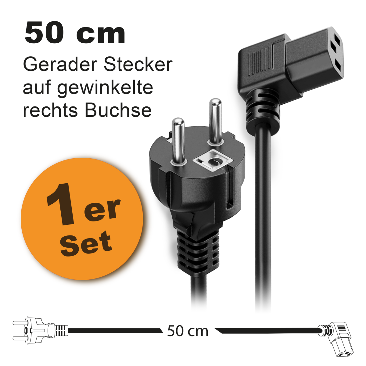 Toshino Netzkabel, KaltgerĂ¤tekabel, Computerkabel, Druckerkabel kurz 50 cm - Gerade-Winkel Rechts - 1er Set