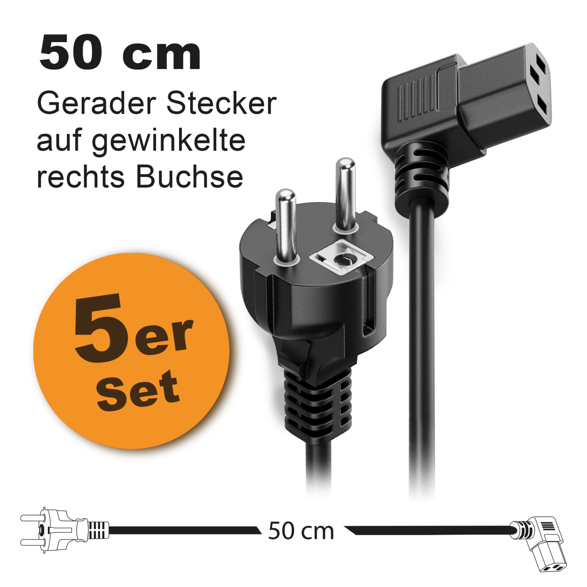 Toshino Netzkabel, KaltgerĂ¤tekabel, Computerkabel, Druckerkabel kurz 50 cm - Gerade-Winkel Rechts - 5er Set