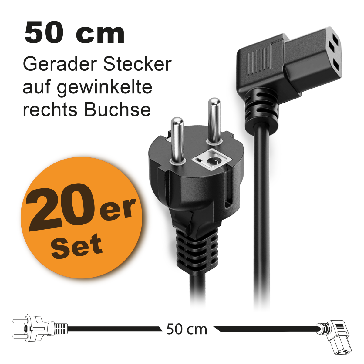 Toshino Netzkabel, KaltgerĂ¤tekabel, Computerkabel, Druckerkabel kurz 50 cm - Gerade-Winkel Rechts - 20er Set