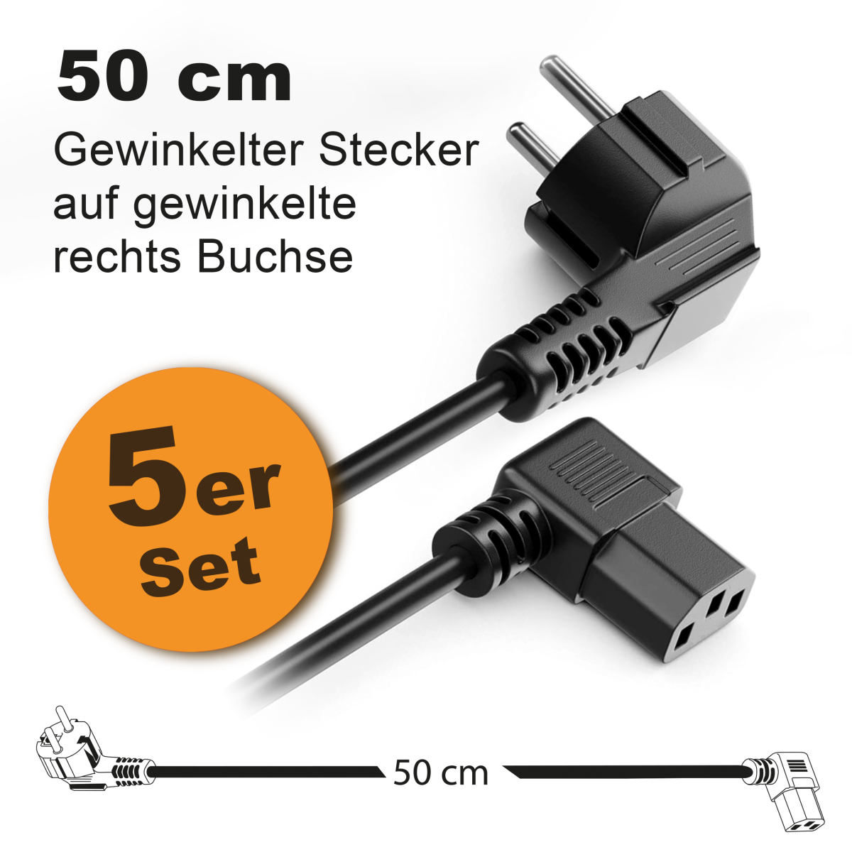 Toshino Netzkabel, KaltgerĂ¤tekabel, Computerkabel, Druckerkabel kurz 50 cm - Winkel-Winkel Rechts - 5er Set