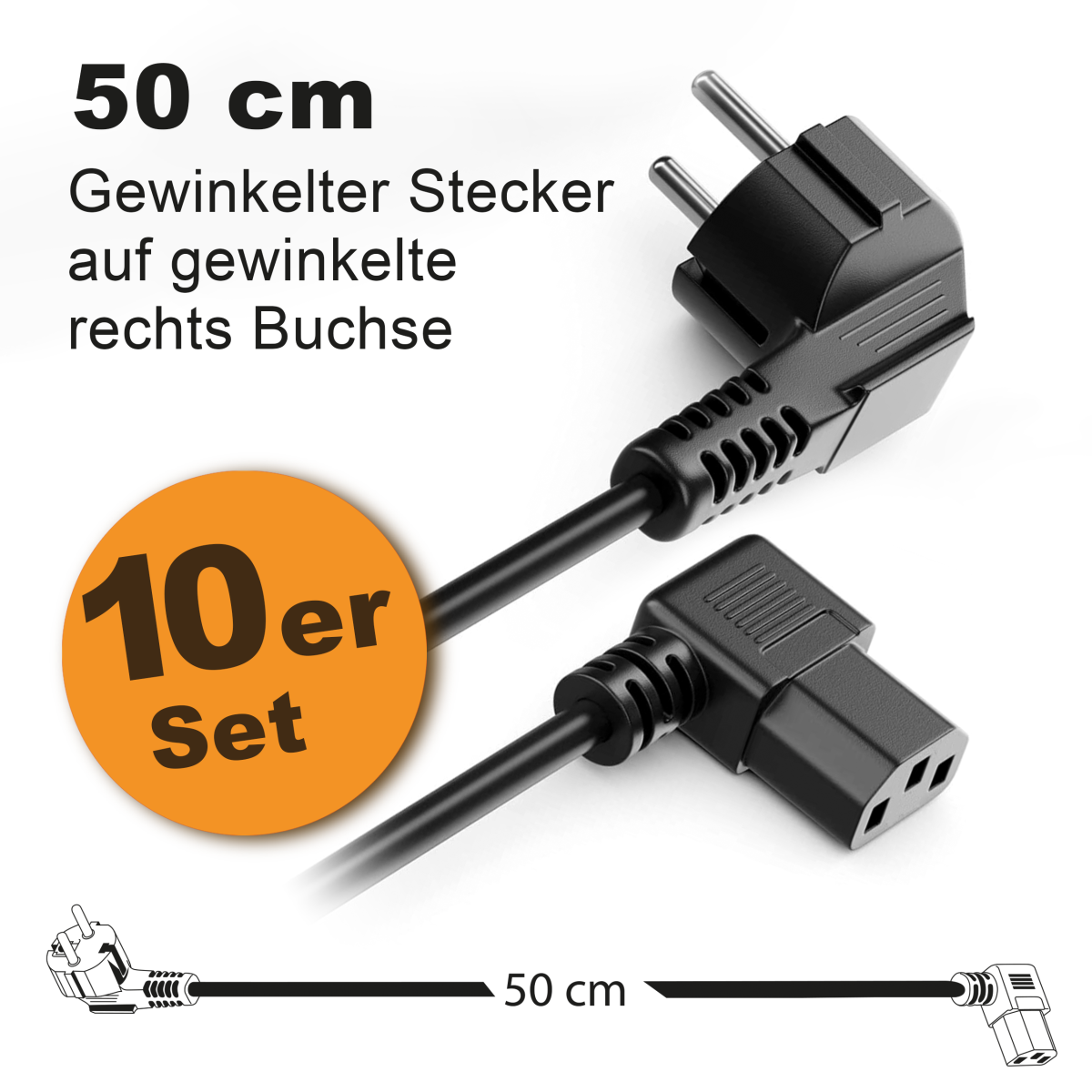 Toshino Netzkabel, KaltgerĂ¤tekabel, Computerkabel, Druckerkabel kurz 50 cm - Winkel-Winkel Rechts - 10er Set