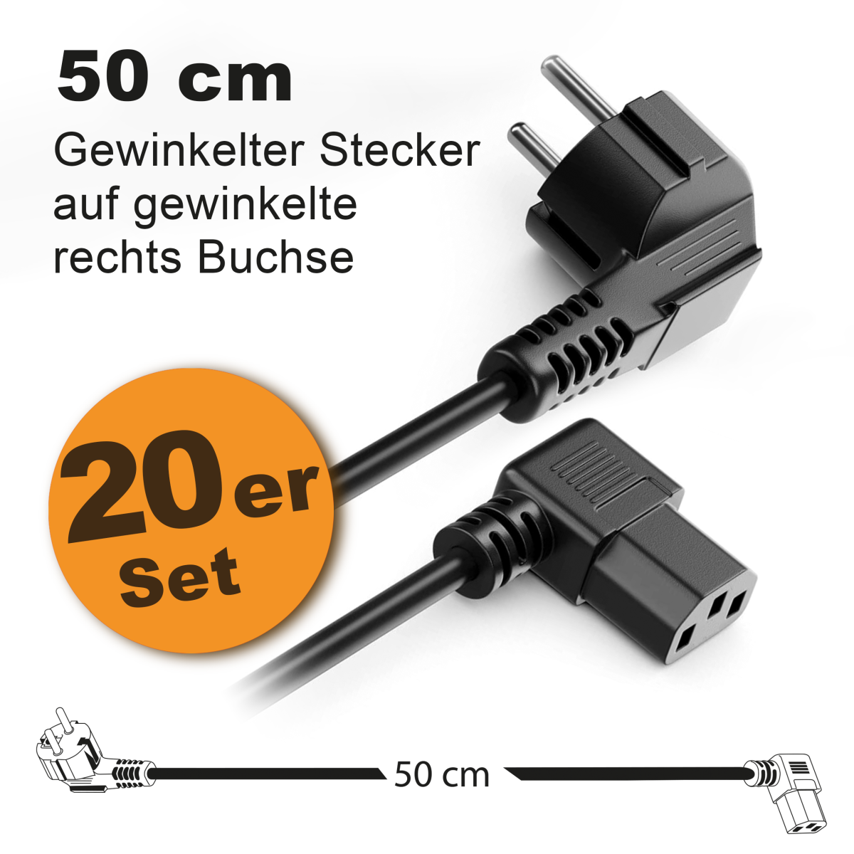 Toshino Netzkabel, KaltgerĂ¤tekabel, Computerkabel, Druckerkabel kurz 50 cm - Winkel-Winkel Rechts - 20er Set