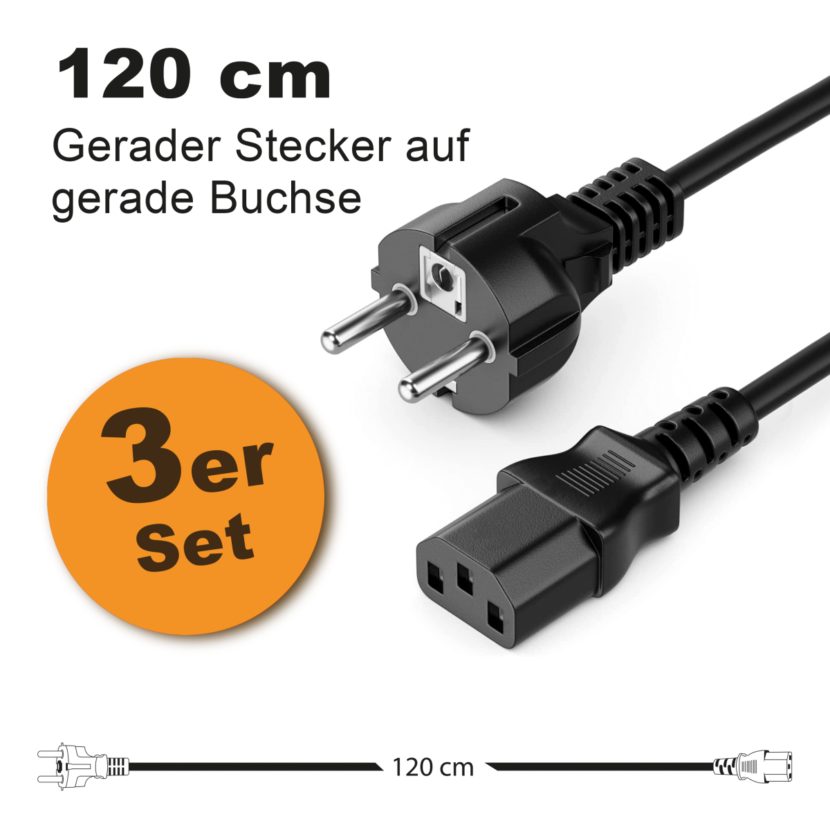 Toshino Netzkabel, KaltgerĂ¤tekabel, Computerkabel, Druckerkabel 120 cm - Gerade-Gerade 3er Set