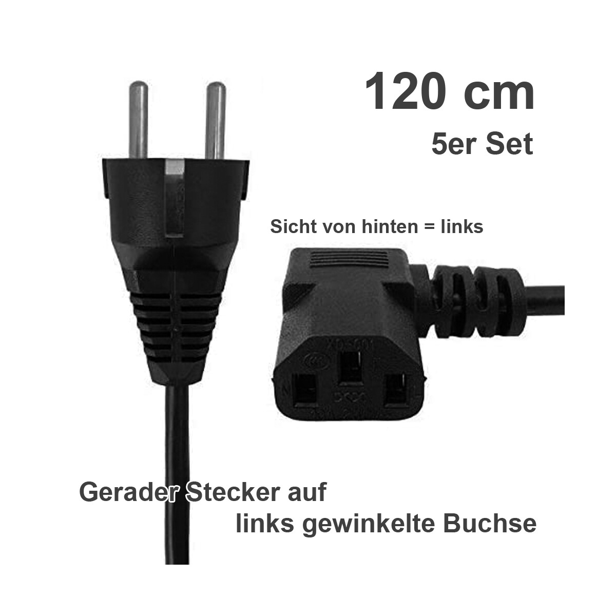 Toshino Netzkabel, KaltgerĂ¤tekabel, Computerkabel, Druckerkabel 120 cm - Gerade-Winkel Links 5er Set