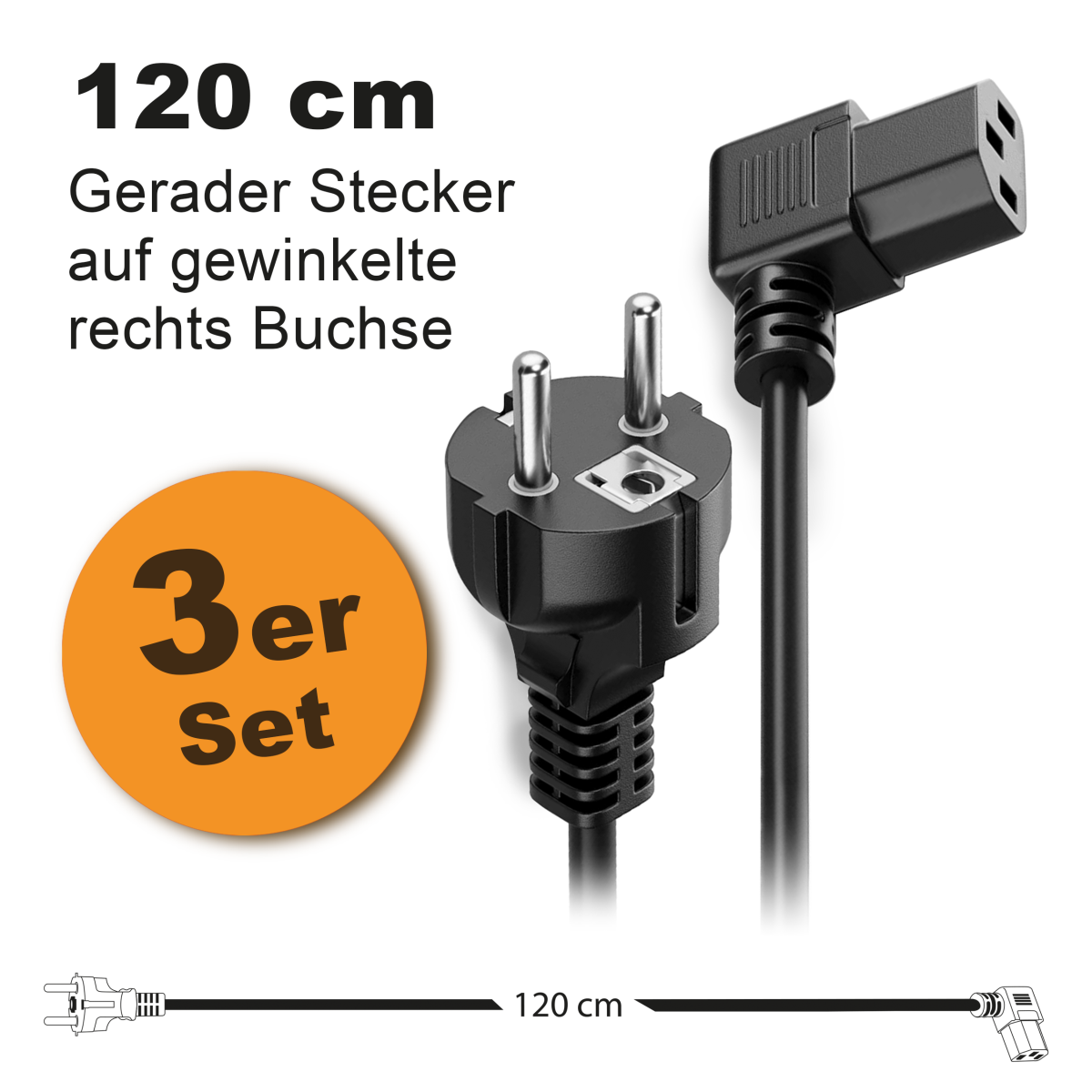 Toshino Netzkabel, KaltgerĂ¤tekabel, Computerkabel, Druckerkabel 120 cm - Gerade-Winkel Rechts 3er Set