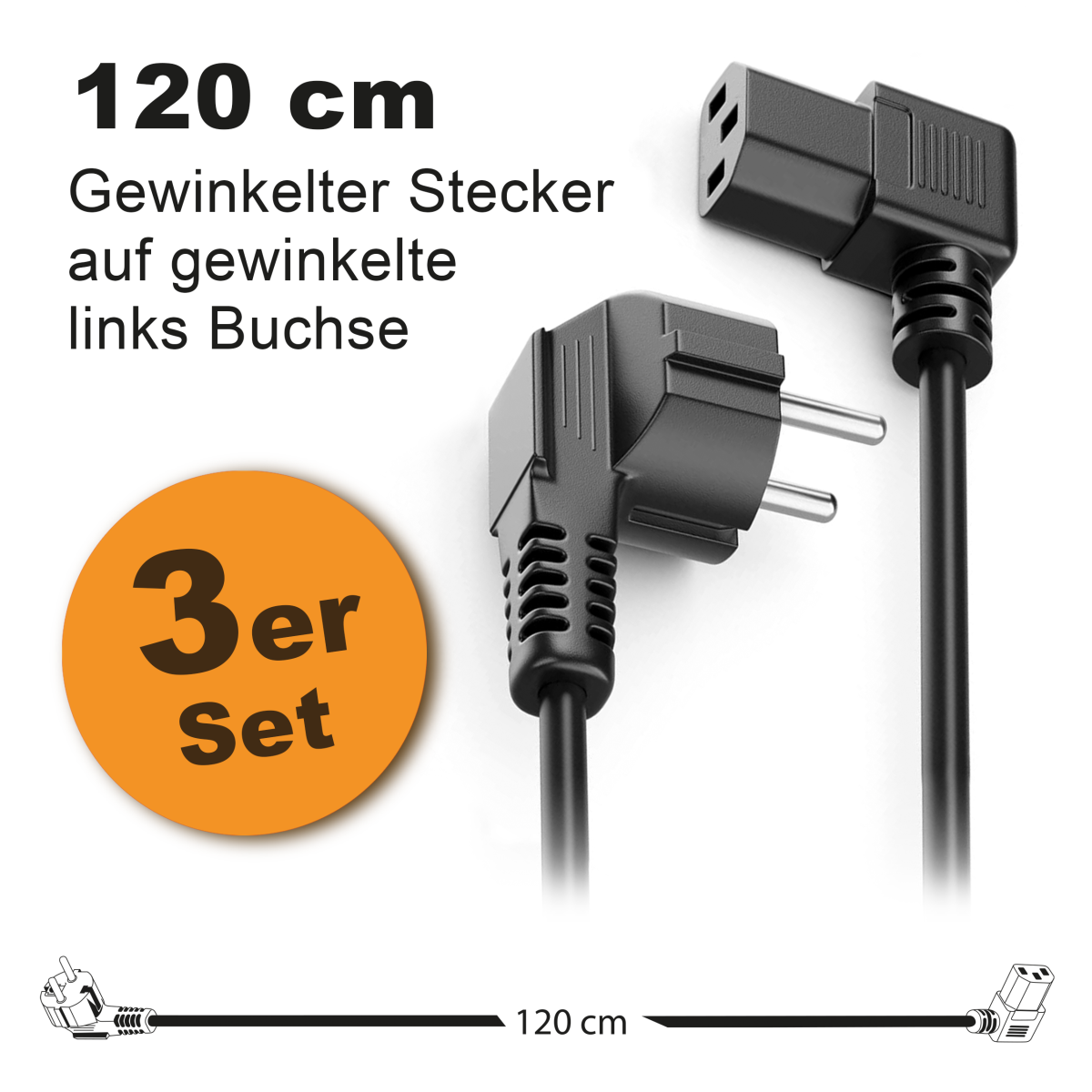 Toshino Netzkabel, KaltgerĂ¤tekabel, Computerkabel, Druckerkabel 120 cm - Winkel-Winkel Links 3er Set