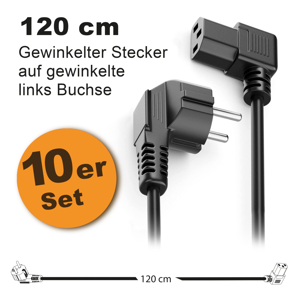 Toshino Netzkabel, KaltgerĂ¤tekabel, Computerkabel, Druckerkabel 120 cm - Winkel-Winkel Links 10er Set