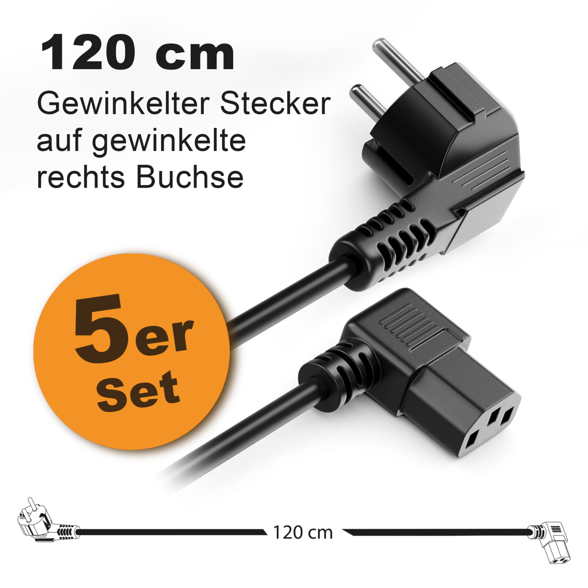 Toshino Netzkabel, KaltgerĂ¤tekabel, Computerkabel, Druckerkabel 120 cm - Winkel-Winkel Rechts 5er Set
