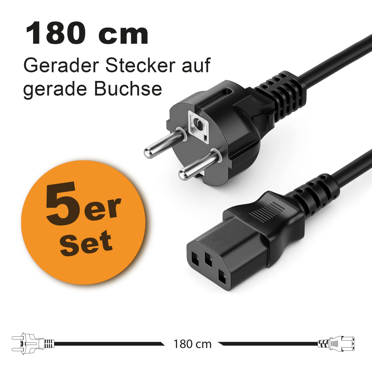Toshino Netzkabel, KaltgerĂ¤tekabel, Computerkabel, Druckerkabel lang 180 cm - Gerade-Gerade - 5er Set