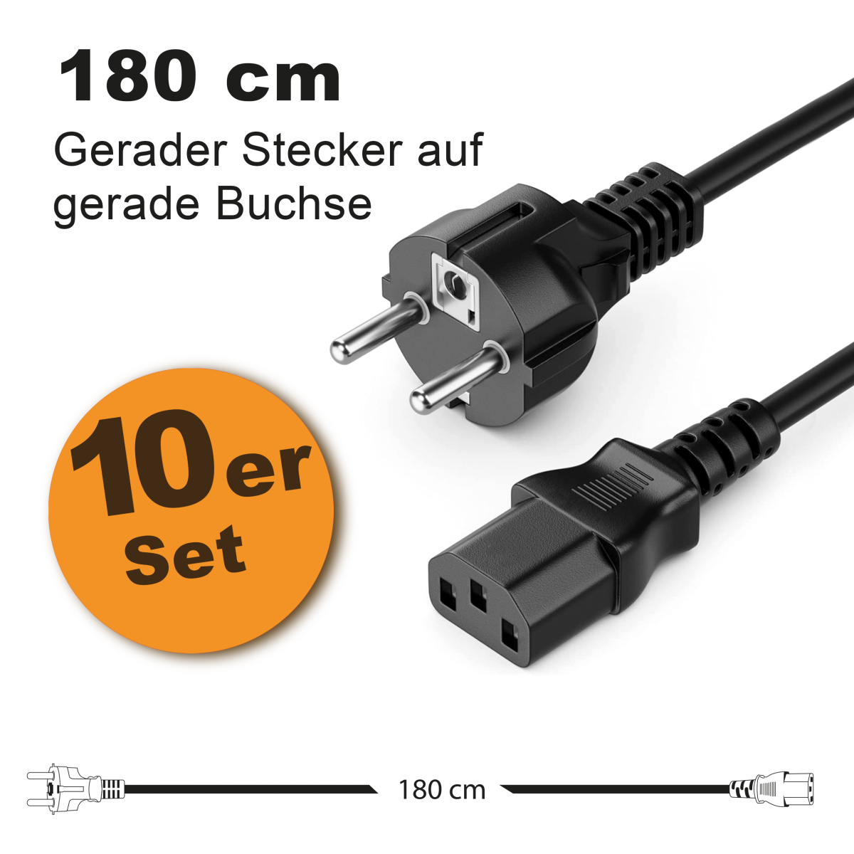 Toshino Netzkabel, KaltgerĂ¤tekabel, Computerkabel, Druckerkabel lang 180 cm - Gerade-Gerade - 10er Set