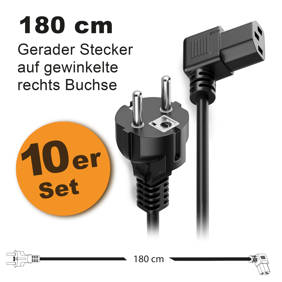 Toshino Netzkabel, KaltgerĂ¤tekabel, Computerkabel, Druckerkabel lang 180 cm - Gerade-Winkel Rechts - 10er Set