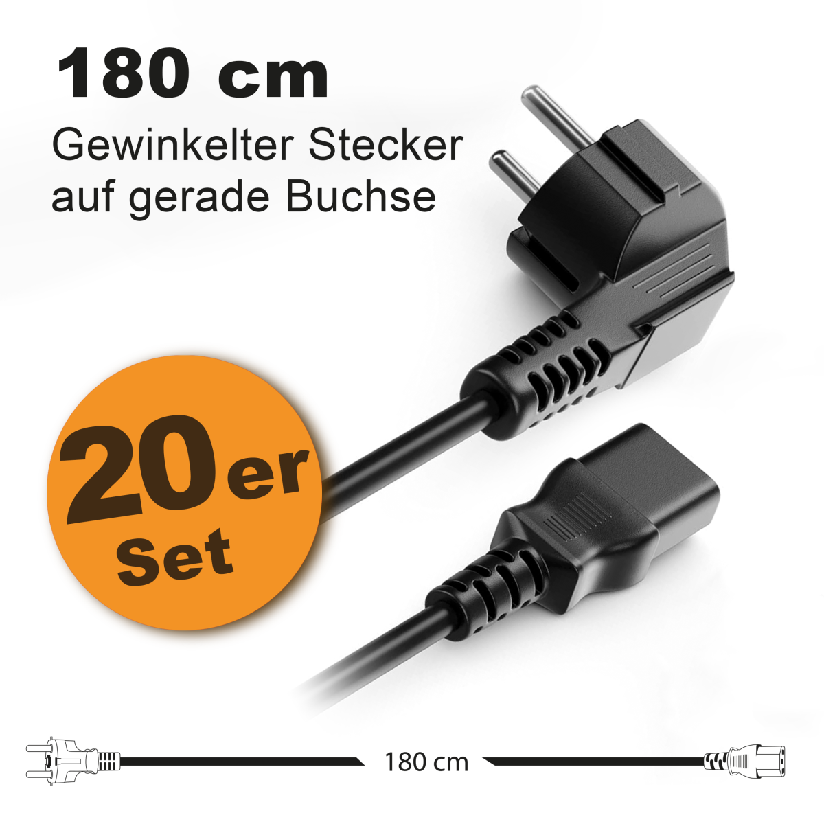 Toshino Netzkabel, KaltgerĂ¤tekabel, Computerkabel, Druckerkabel lang 180 cm - Winkel-Gerade - 20er Set