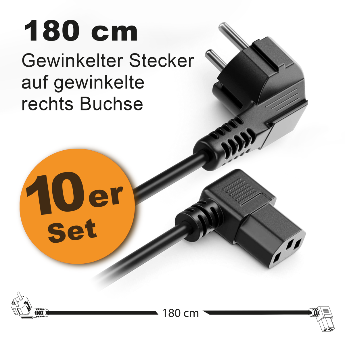 Toshino Netzkabel, KaltgerĂ¤tekabel, Computerkabel, Druckerkabel lang 180 cm - Winkel-Winkel Rechts - 10er Set