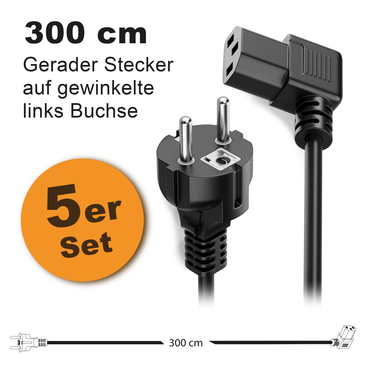 Toshino Netzkabel, KaltgerĂ¤tekabel, Computerkabel, Druckerkabel extra lang 300 cm - Gerade-Winkel Links - 5er Set