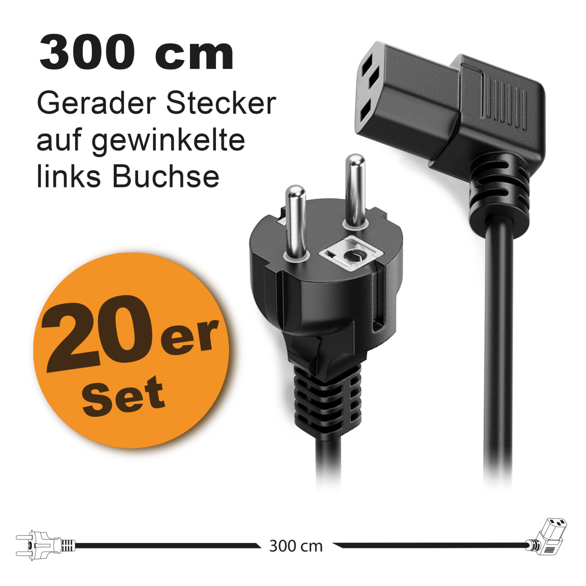 Toshino Netzkabel, KaltgerĂ¤tekabel, Computerkabel, Druckerkabel extra lang 300 cm - Gerade-Winkel Links - 20er Set