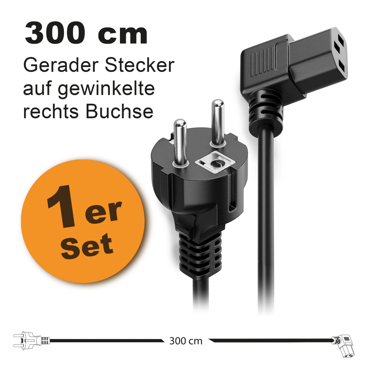 Toshino Netzkabel, KaltgerĂ¤tekabel, Computerkabel, Druckerkabel extra lang 300 cm - Gerade-Winkel Rechts - 1er Set
