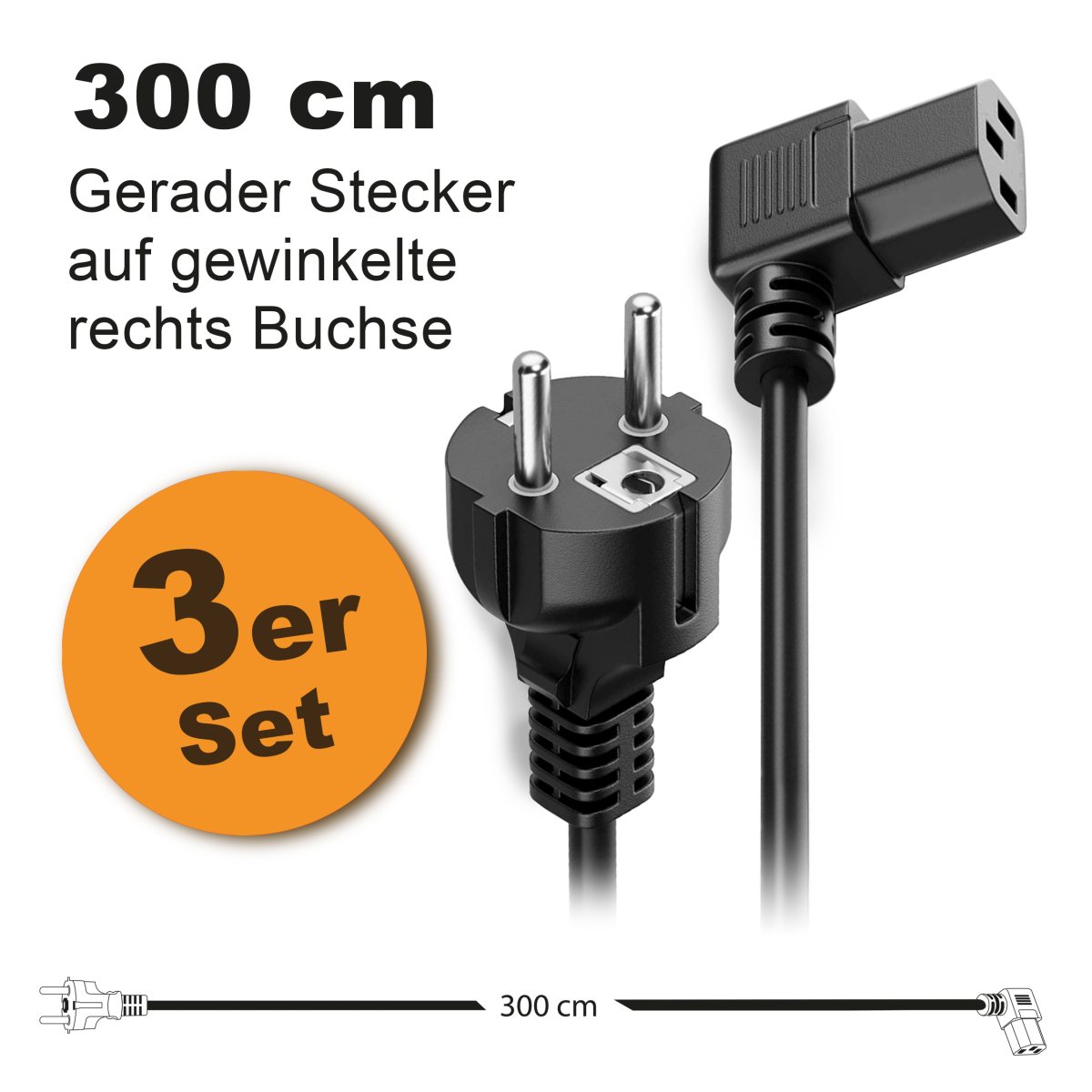 Toshino Netzkabel, KaltgerĂ¤tekabel, Computerkabel, Druckerkabel extra lang 300 cm - Gerade-Winkel Rechts - 3er Set